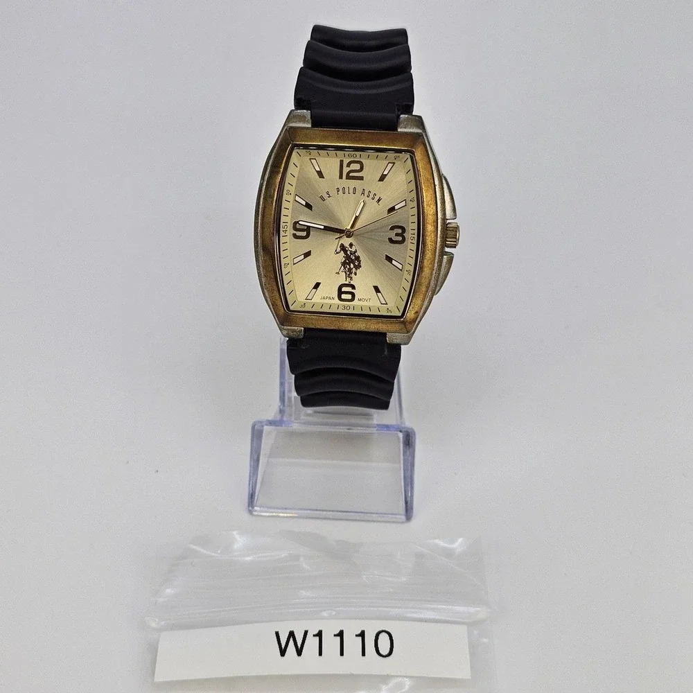 US Polo Assn Men's Watch 42mm Gold Dial Case New Black Platic Bands New‎ Battery
